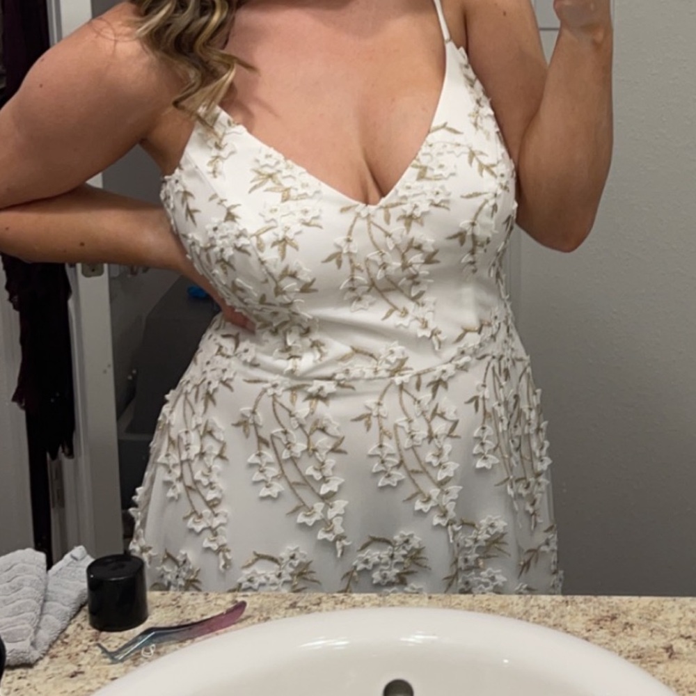 Xscape White Dress with Gold Floral Embroidery